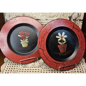 Pair of Adam's & Co Painted Signed Donna White Wooden Plates Floral Theme 10"